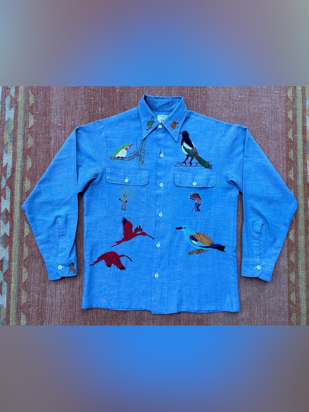 Vintage Hand Embroidered Bird-Accent Button-Up Shirt